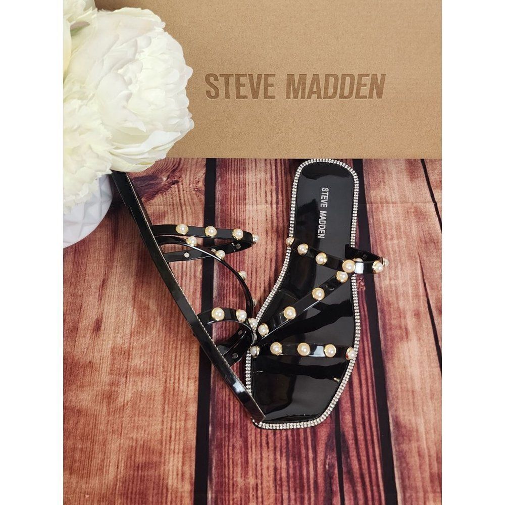 STEVE MADDEN Pearl Embellishment Studded Flat Sandals, Size 9